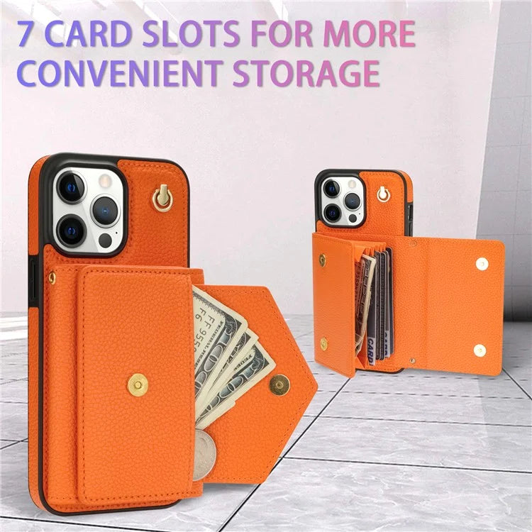 For iPhone 14 Pro Case PU Leather+TPU Kickstand Shell with Shoulder Strap