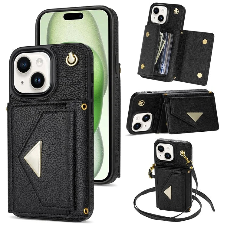 For iPhone 15 Plus Case Scratch Proof PU Leather+TPU Card Holder Cover with Shoulder Strap