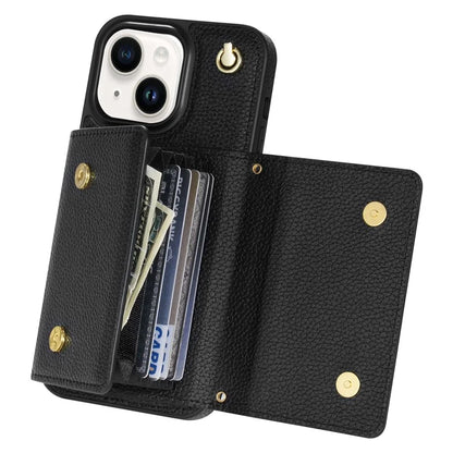 For iPhone 15 Plus Case Scratch Proof PU Leather+TPU Card Holder Cover with Shoulder Strap
