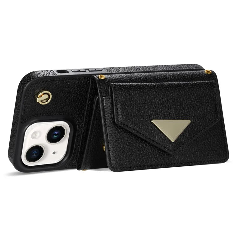 For iPhone 15 Plus Case Scratch Proof PU Leather+TPU Card Holder Cover with Shoulder Strap