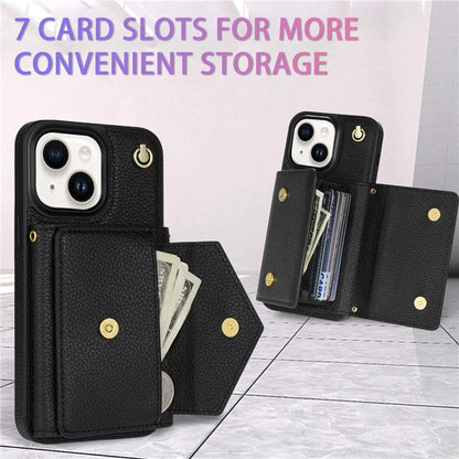 For iPhone 15 Plus Case Scratch Proof PU Leather+TPU Card Holder Cover with Shoulder Strap