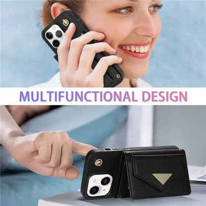 For iPhone 15 Plus Case Scratch Proof PU Leather+TPU Card Holder Cover with Shoulder Strap