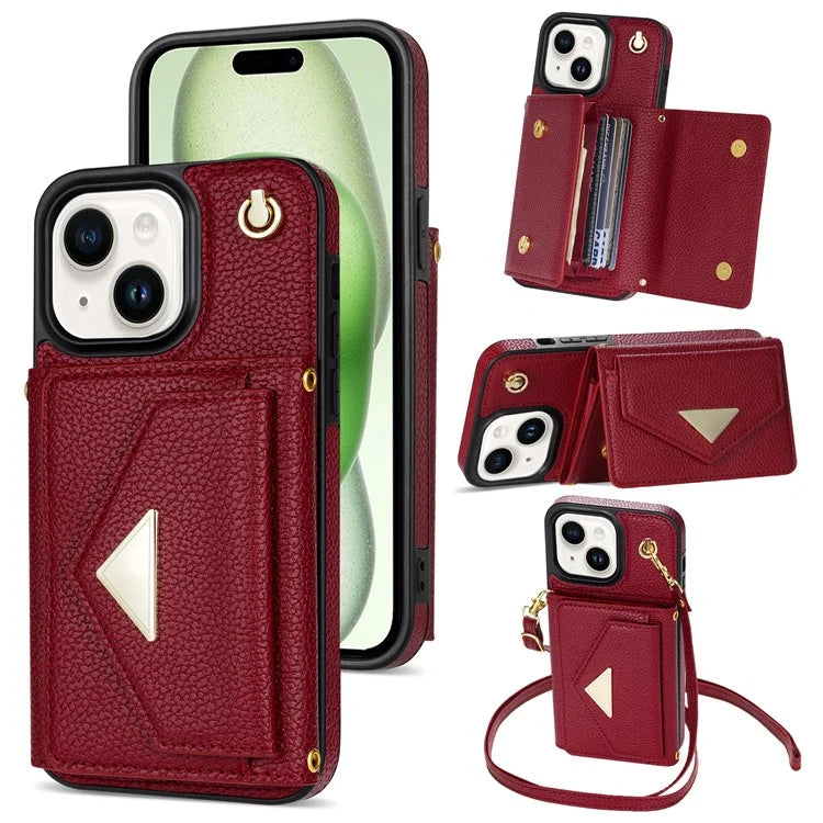 For iPhone 15 Plus Case Scratch Proof PU Leather+TPU Card Holder Cover with Shoulder Strap