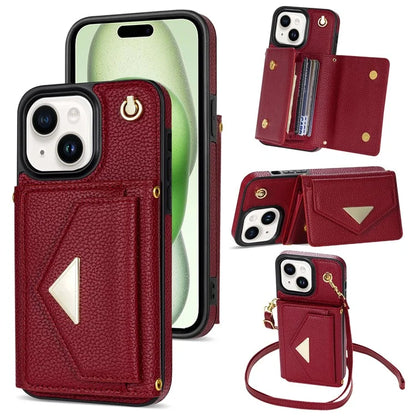 For iPhone 15 Plus Case Scratch Proof PU Leather+TPU Card Holder Cover with Shoulder Strap