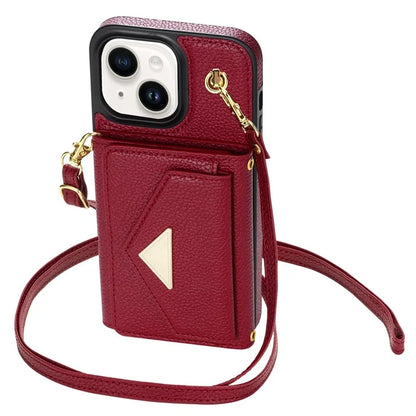 For iPhone 15 Plus Case Scratch Proof PU Leather+TPU Card Holder Cover with Shoulder Strap