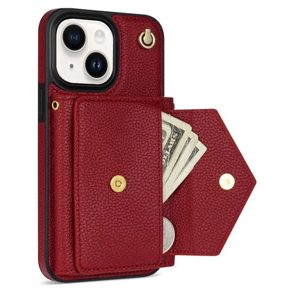 For iPhone 15 Plus Case Scratch Proof PU Leather+TPU Card Holder Cover with Shoulder Strap