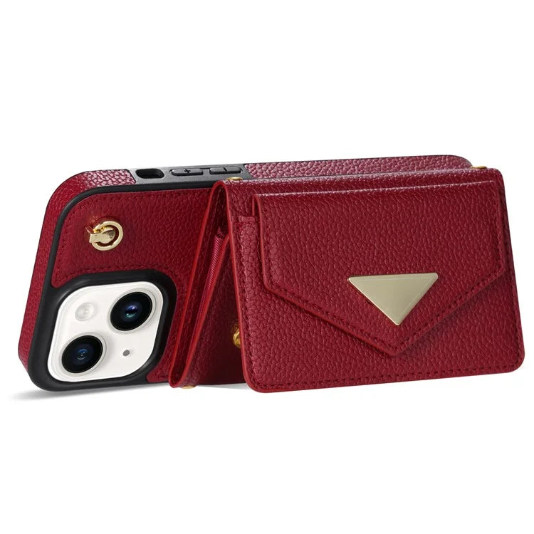 For iPhone 15 Plus Case Scratch Proof PU Leather+TPU Card Holder Cover with Shoulder Strap