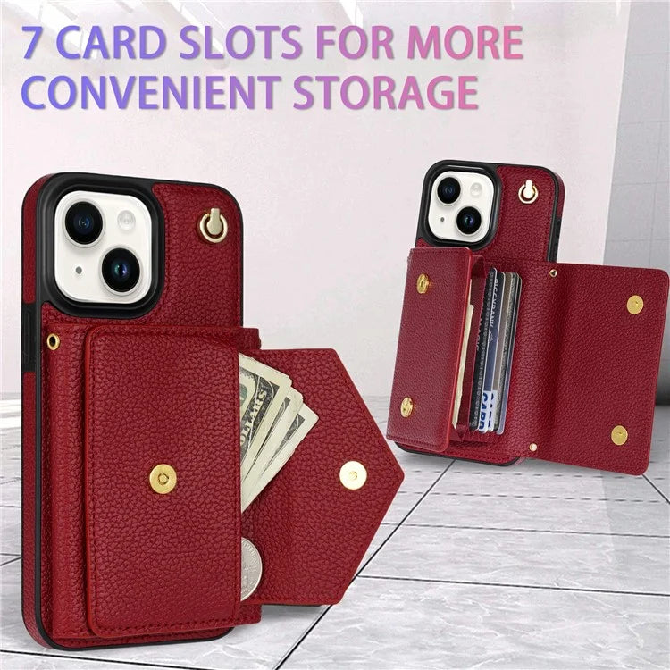 For iPhone 15 Plus Case Scratch Proof PU Leather+TPU Card Holder Cover with Shoulder Strap