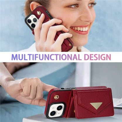 For iPhone 15 Plus Case Scratch Proof PU Leather+TPU Card Holder Cover with Shoulder Strap