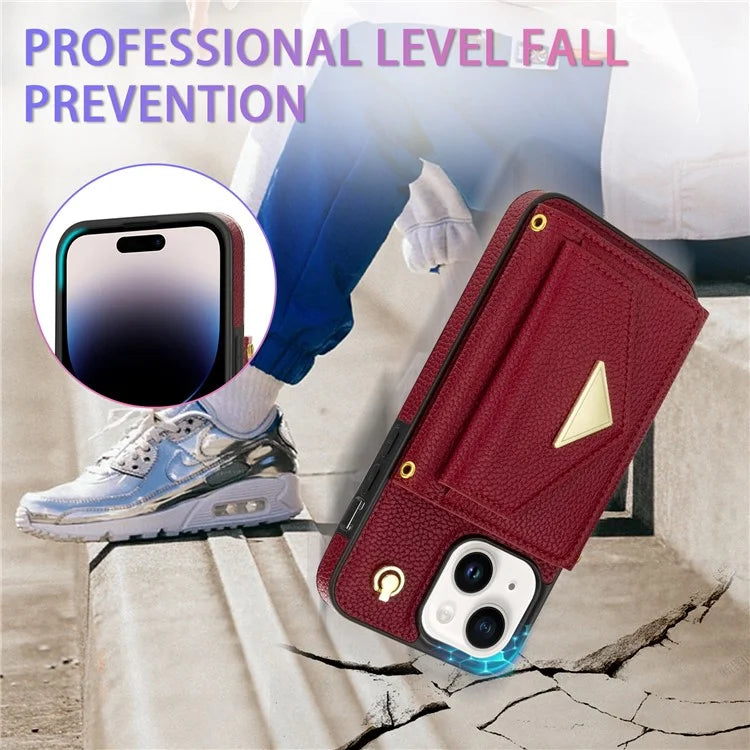 For iPhone 15 Plus Case Scratch Proof PU Leather+TPU Card Holder Cover with Shoulder Strap