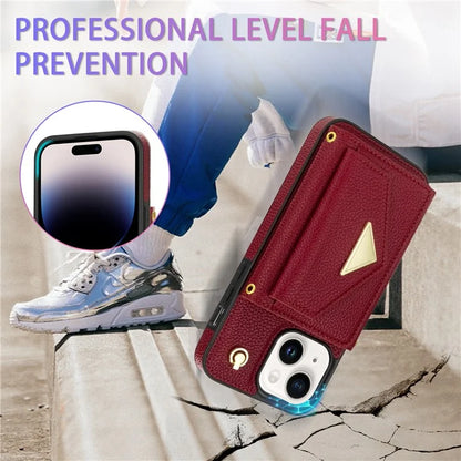 For iPhone 15 Plus Case Scratch Proof PU Leather+TPU Card Holder Cover with Shoulder Strap