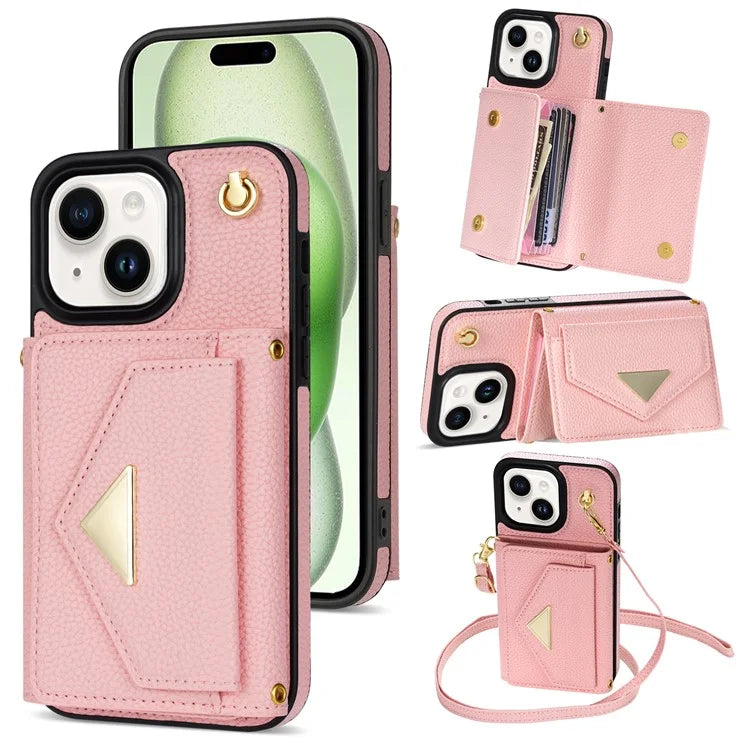 For iPhone 15 Plus Case Scratch Proof PU Leather+TPU Card Holder Cover with Shoulder Strap