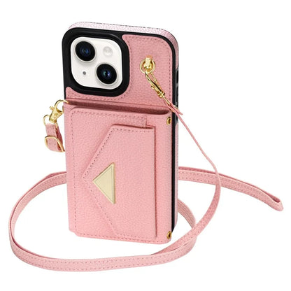 For iPhone 15 Plus Case Scratch Proof PU Leather+TPU Card Holder Cover with Shoulder Strap