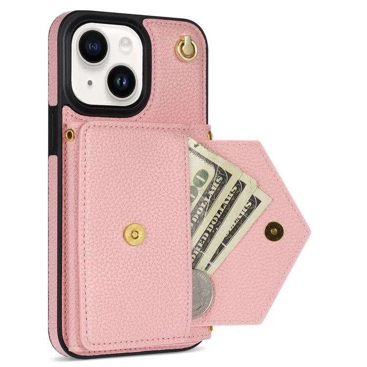 For iPhone 15 Plus Case Scratch Proof PU Leather+TPU Card Holder Cover with Shoulder Strap