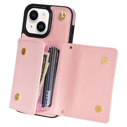 For iPhone 15 Plus Case Scratch Proof PU Leather+TPU Card Holder Cover with Shoulder Strap