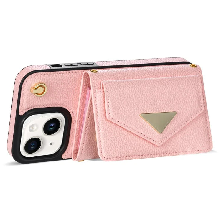 For iPhone 15 Plus Case Scratch Proof PU Leather+TPU Card Holder Cover with Shoulder Strap