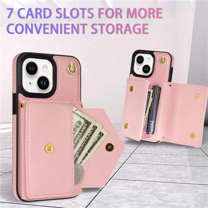 For iPhone 15 Plus Case Scratch Proof PU Leather+TPU Card Holder Cover with Shoulder Strap