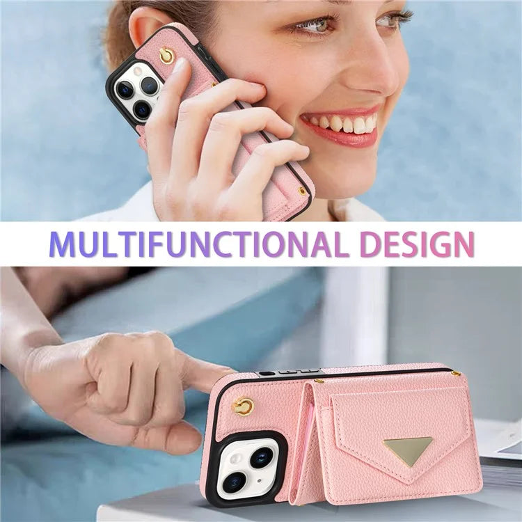 For iPhone 15 Plus Case Scratch Proof PU Leather+TPU Card Holder Cover with Shoulder Strap