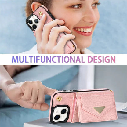 For iPhone 15 Plus Case Scratch Proof PU Leather+TPU Card Holder Cover with Shoulder Strap