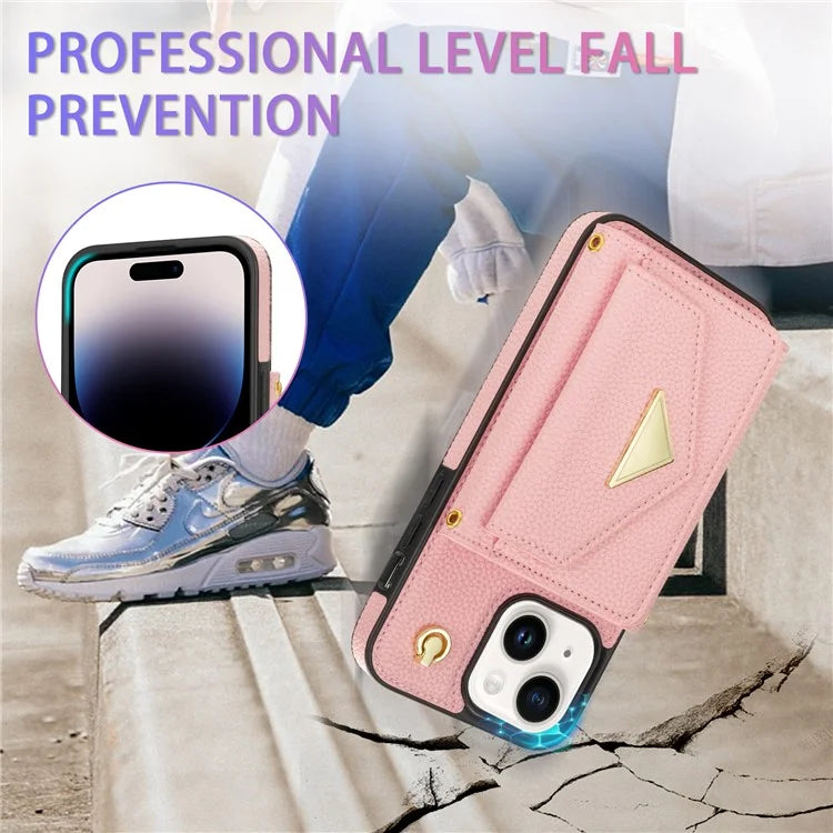For iPhone 15 Plus Case Scratch Proof PU Leather+TPU Card Holder Cover with Shoulder Strap