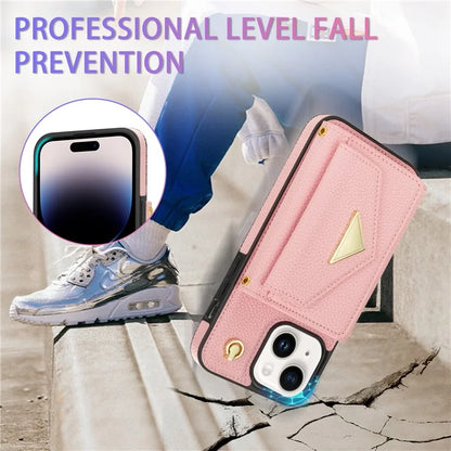 For iPhone 15 Plus Case Scratch Proof PU Leather+TPU Card Holder Cover with Shoulder Strap