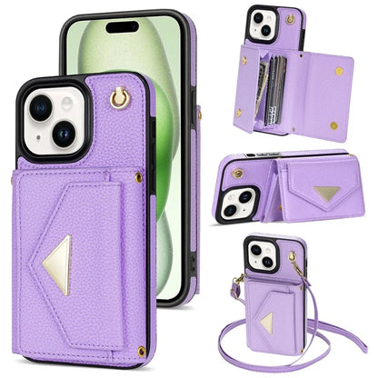 For iPhone 15 Plus Case Scratch Proof PU Leather+TPU Card Holder Cover with Shoulder Strap