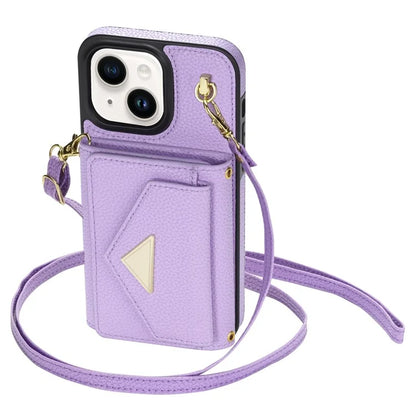 For iPhone 15 Plus Case Scratch Proof PU Leather+TPU Card Holder Cover with Shoulder Strap