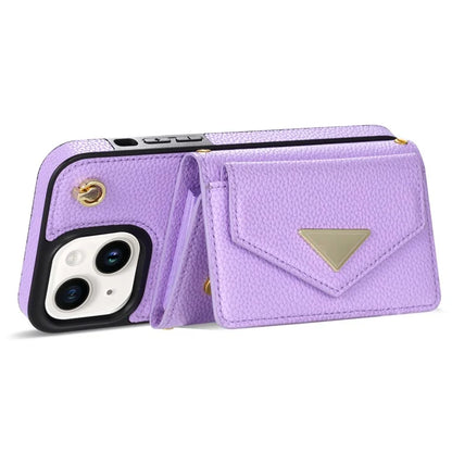 For iPhone 15 Plus Case Scratch Proof PU Leather+TPU Card Holder Cover with Shoulder Strap