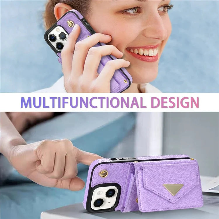 For iPhone 15 Plus Case Scratch Proof PU Leather+TPU Card Holder Cover with Shoulder Strap