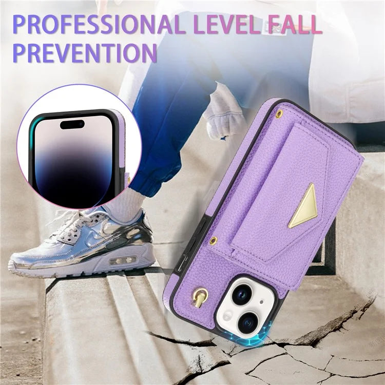 For iPhone 15 Plus Case Scratch Proof PU Leather+TPU Card Holder Cover with Shoulder Strap