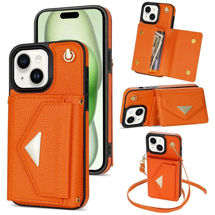 For iPhone 15 Plus Case Scratch Proof PU Leather+TPU Card Holder Cover with Shoulder Strap