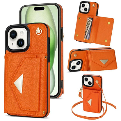 For iPhone 15 Plus Case Scratch Proof PU Leather+TPU Card Holder Cover with Shoulder Strap