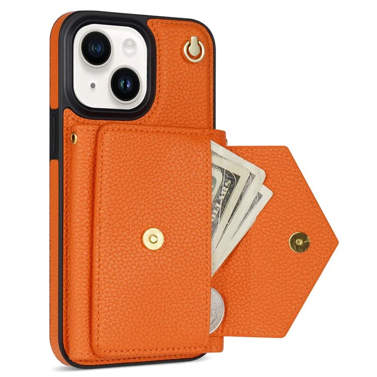 For iPhone 15 Plus Case Scratch Proof PU Leather+TPU Card Holder Cover with Shoulder Strap