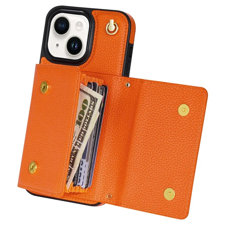 For iPhone 15 Plus Case Scratch Proof PU Leather+TPU Card Holder Cover with Shoulder Strap