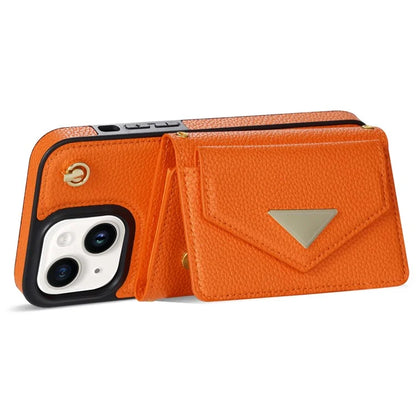 For iPhone 15 Plus Case Scratch Proof PU Leather+TPU Card Holder Cover with Shoulder Strap