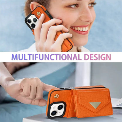For iPhone 15 Plus Case Scratch Proof PU Leather+TPU Card Holder Cover with Shoulder Strap