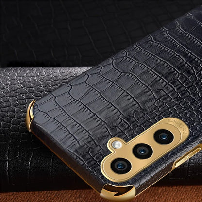 For Samsung Galaxy S23 FE Case Electroplated PU Leather+TPU Phone Cover (Crocodile Texture)