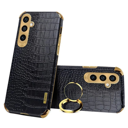 For Samsung Galaxy S23 FE Case Ring Kickstand Crocodile Texture Leather+TPU Phone Cover