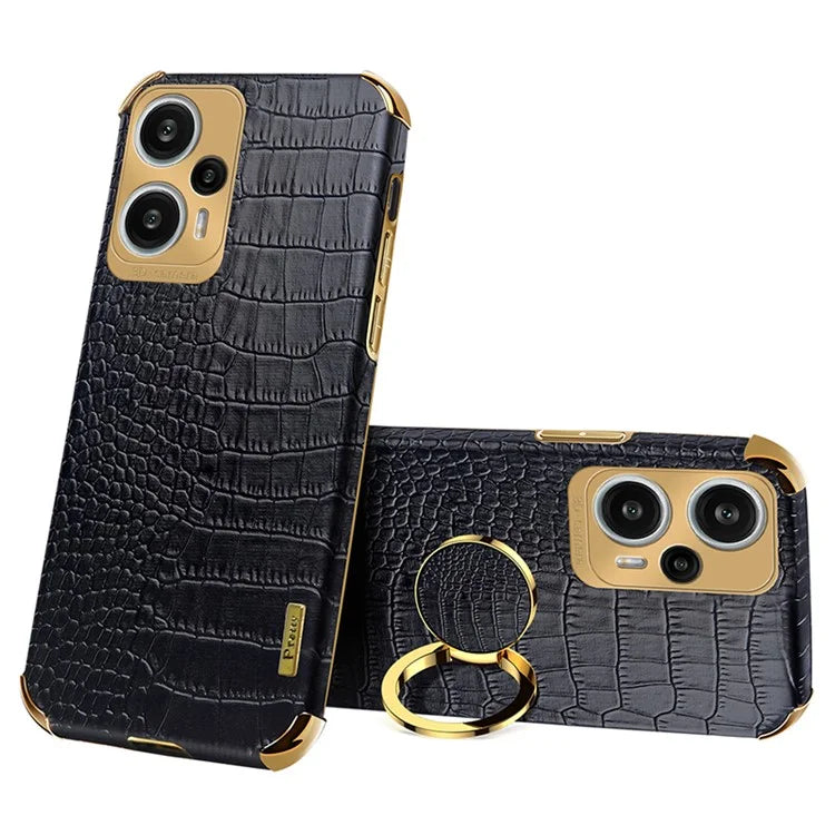For Xiaomi Redmi Note 12 Turbo / Poco F5 5G Case Crocodile Texture Leather+TPU Back Shell with Ring Kickstand