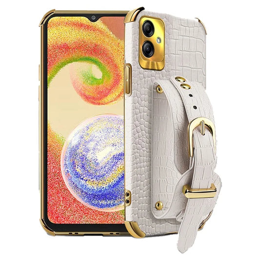 For Samsung Galaxy A04 4G (164.4 x 76.3 x 9.1 mm) Case Wristband Kickstand PU Leather+TPU Cover