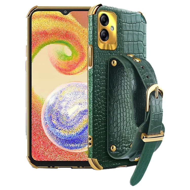 For Samsung Galaxy A04 4G (164.4 x 76.3 x 9.1 mm) Case Wristband Kickstand PU Leather+TPU Cover