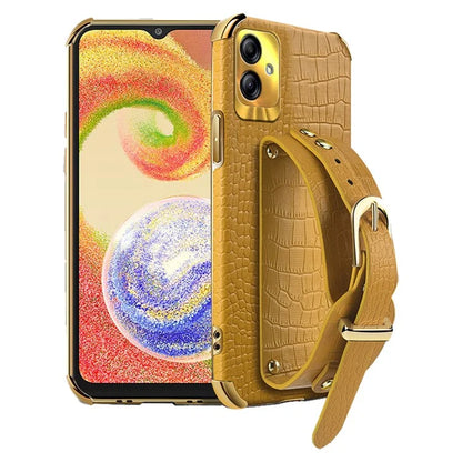 For Samsung Galaxy A04 4G (164.4 x 76.3 x 9.1 mm) Case Wristband Kickstand PU Leather+TPU Cover
