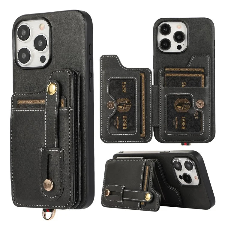 Style 01 For iPhone 14 Pro Case Card Holder Cowhide Texture PU Leather+TPU Phone Cover