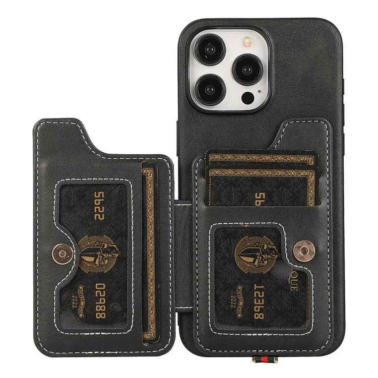 Style 01 For iPhone 14 Pro Case Card Holder Cowhide Texture PU Leather+TPU Phone Cover