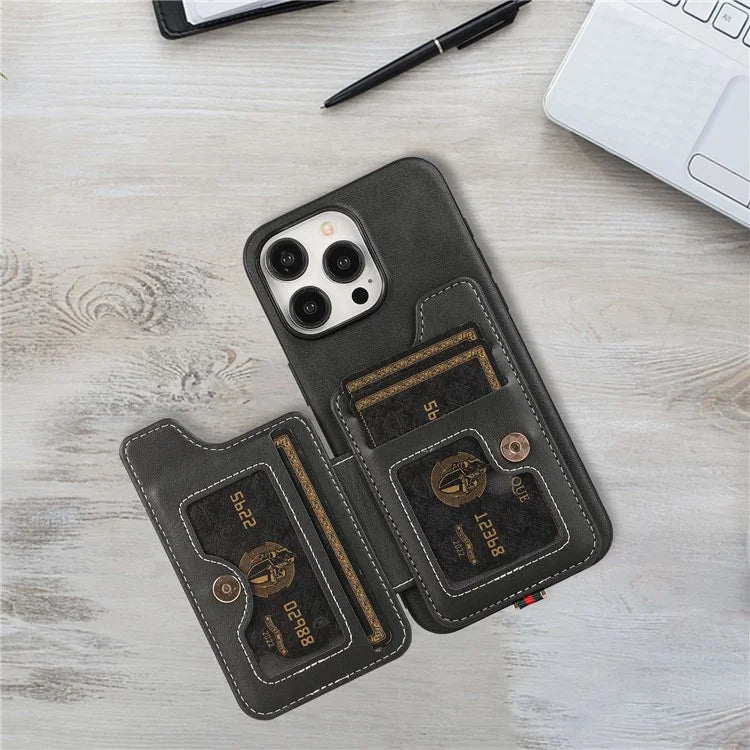 Style 01 For iPhone 14 Pro Case Card Holder Cowhide Texture PU Leather+TPU Phone Cover