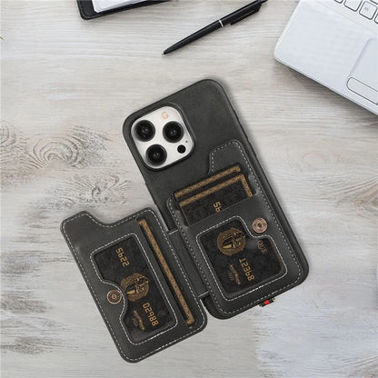 Style 01 For iPhone 14 Pro Case Card Holder Cowhide Texture PU Leather+TPU Phone Cover