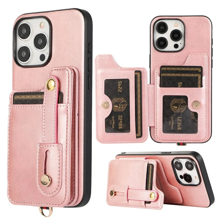 Style 01 For iPhone 14 Pro Case Card Holder Cowhide Texture PU Leather+TPU Phone Cover