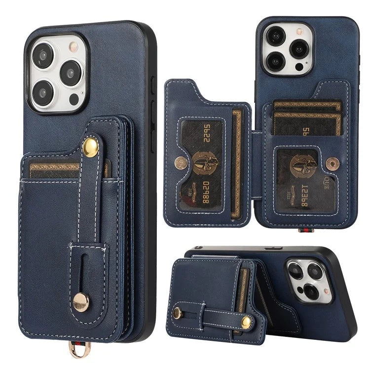 Style 01 For iPhone 14 Pro Case Card Holder Cowhide Texture PU Leather+TPU Phone Cover
