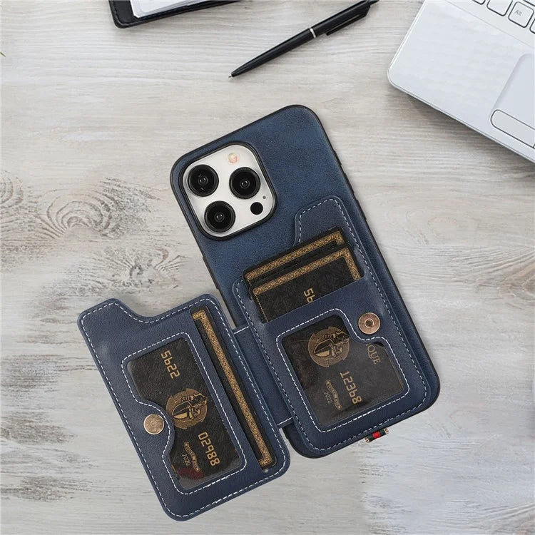 Style 01 For iPhone 14 Pro Case Card Holder Cowhide Texture PU Leather+TPU Phone Cover