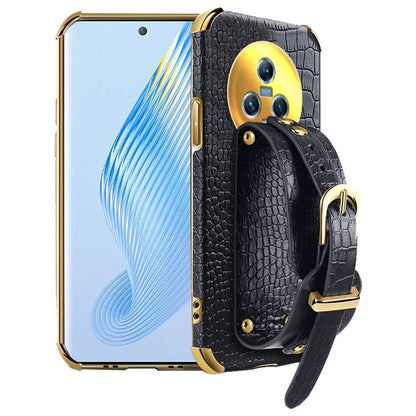 For Honor Magic5 Case 6D Electroplating Wristband PU Leather+TPU Cell Phone Cover